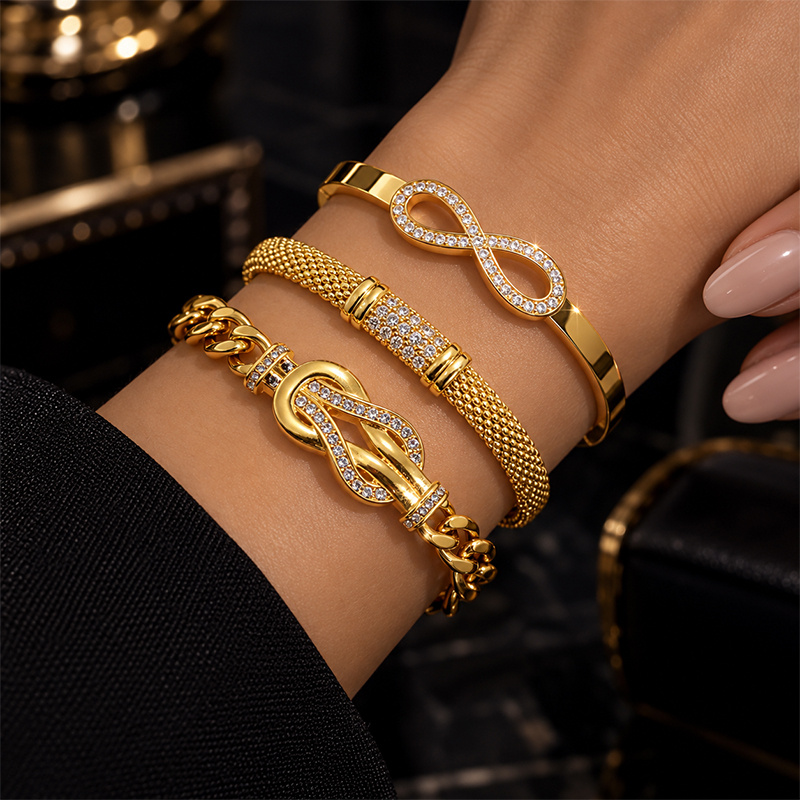3pc Stackable Wrist Set, Cuban Knot Bracelet, Mesh Bangle & Infinity Cuff